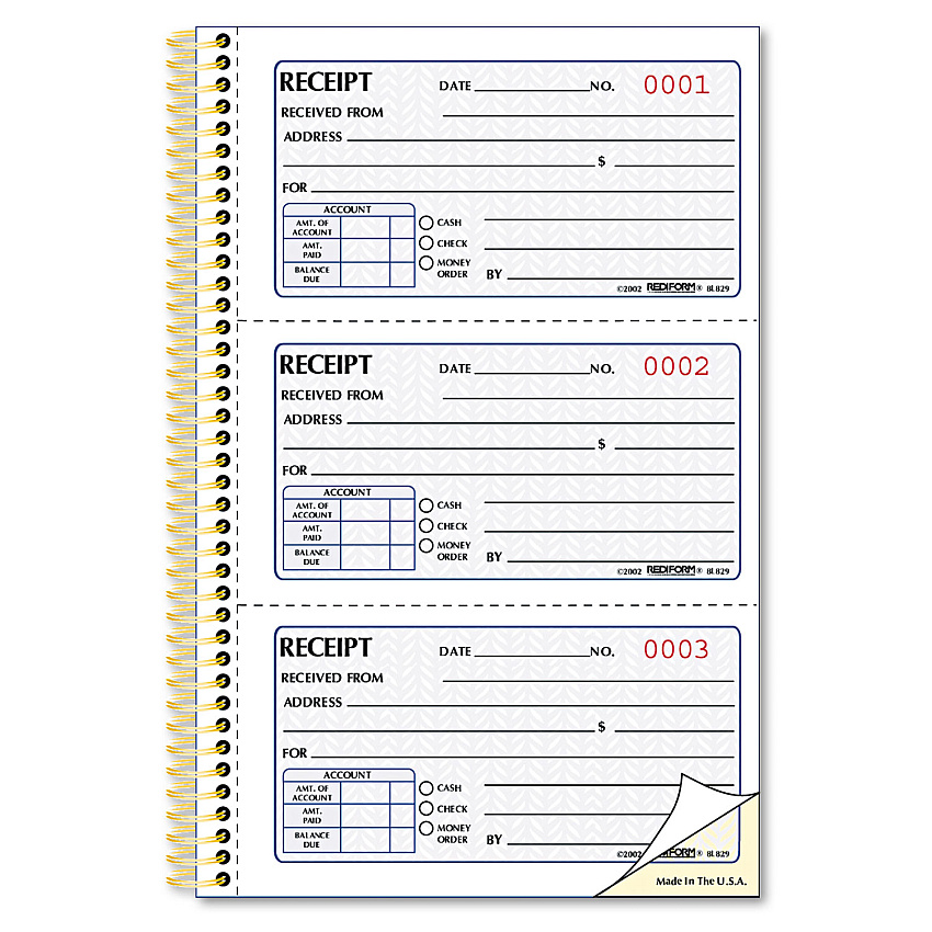 Rediform Gold Standard Money Receipt Book, Two-Part Carbonless, 5 x 2.75, 3 Forms/Sheet, 225 Forms Total (RED8L829)
