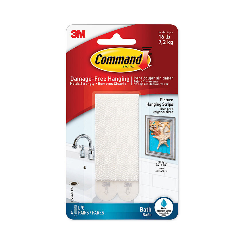 Command Bath Picture Hanging Strips, Large, Removable, Holds Up to 4 lbs per Pair, 0.75 x 3.65, White, 4 Pairs/Pack (MMM17206BES)