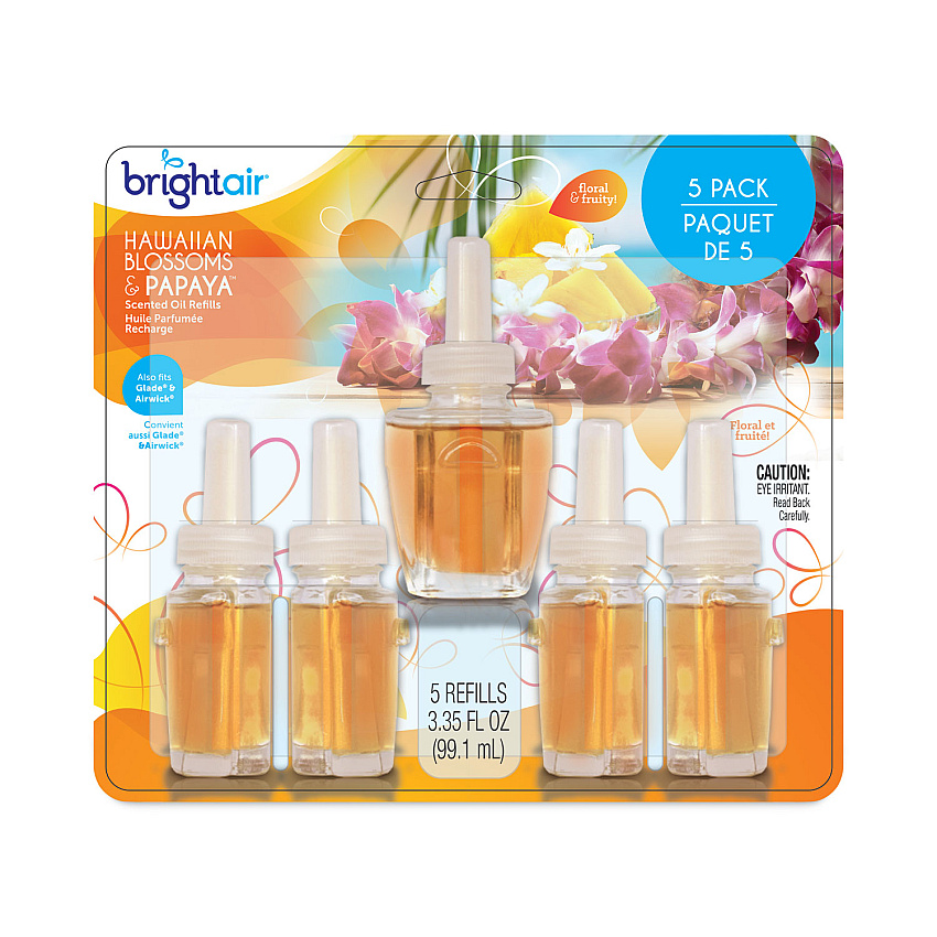 BRIGHT Air Electric Scented Oil Air Freshener Refill, Hawaiian Blossoms and Papaya, 0.67 oz Bottle, 5/Pack, 6 Pack/Carton (BRI900668CT)