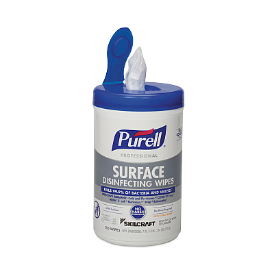 AbilityOne 7930016997555, SKILCRAFT Purell Professional Surface Disinfecting Wipes,1-Ply, 7x8, Fresh Citrus, WH, 110/Can,6 Canisters/CT