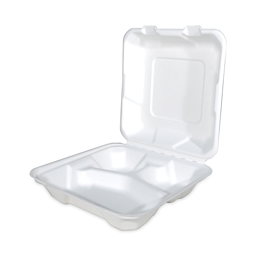SCT ChampWare Molded-Fiber Clamshell Containers, 8 x 8, White, Sugarcane, 200/Carton (SCH18944)