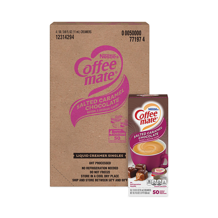 Coffee-mate Liquid Coffee Creamer, Salted Caramel Chocolate, 0.38 oz Mini Cups, 50/Box, 4 Boxes/Carton, 200 Total/Carton (NES77197CT)
