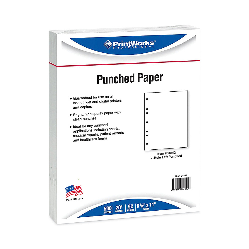 Printworks Perforated and Punched Paper, 7-Hole Punched, 20 lb Bond Weight, 8.5 x 11, White, 500/Ream (PRB04342)