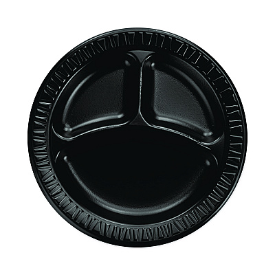 Dart Quiet Classic Laminated Foam Dinnerware, 3-Compartment Plate, 9", Black, 125/Sleeve, 4 Sleeves/Carton (DCC9CPBQR)