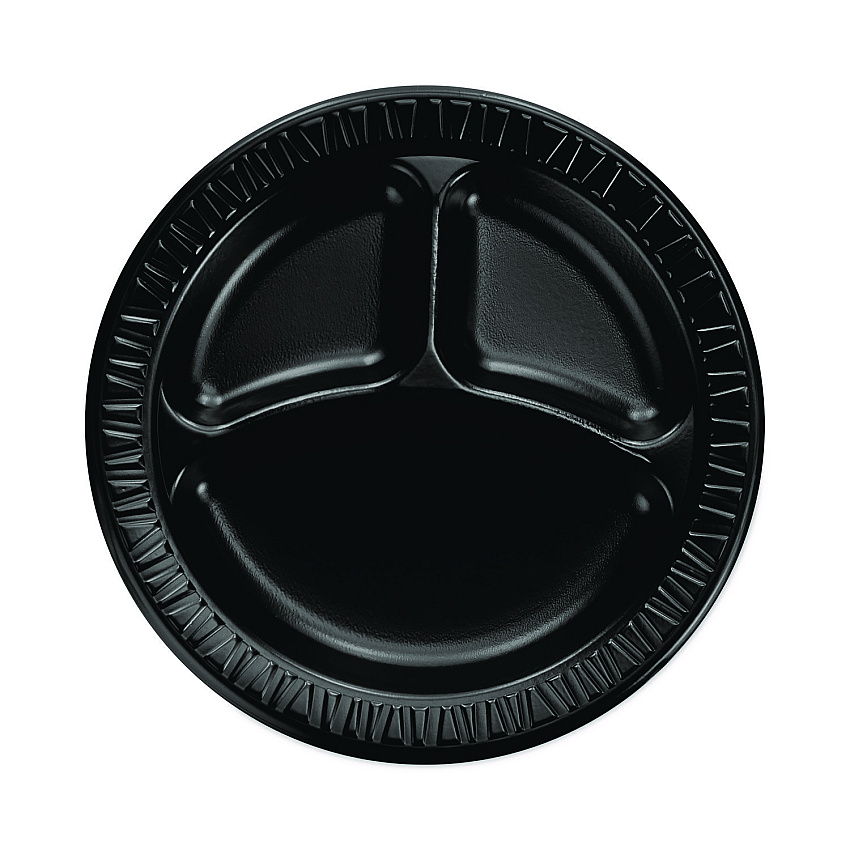 Dart Quiet Classic Laminated Foam Dinnerware, 3-Compartment Plate, 9", Black, 125/Sleeve, 4 Sleeves/Carton (DCC9CPBQR)