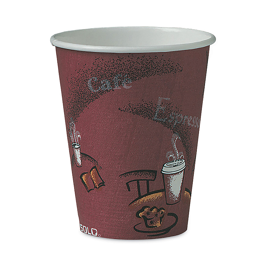 Solo Paper Hot Drink Cups in Bistro Design, 8 oz, Maroon, 50/Bag, 20 Bags/Carton (SCC378SI)