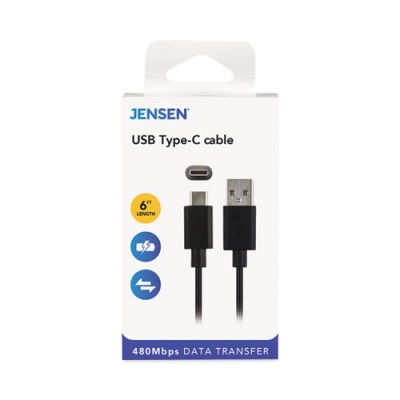JENSEN USB-A to USB-C Cable, 6 ft, Black (JU832AC6V)