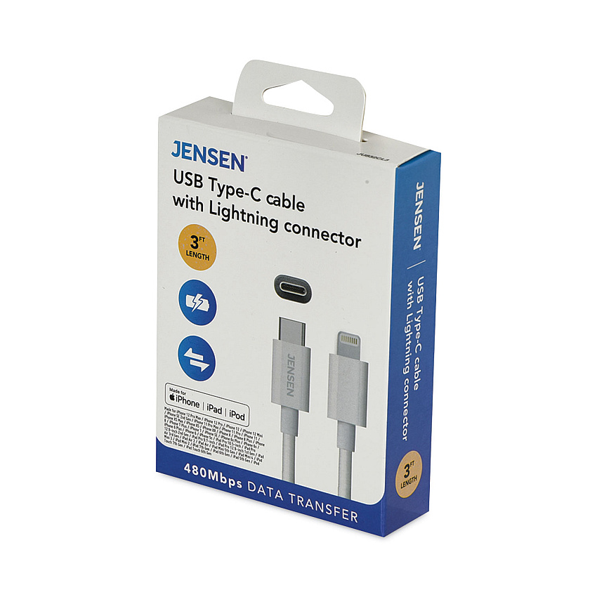 JENSEN USB-C to Lightning Cable, 3 ft, White (VOXJU832CL3V)