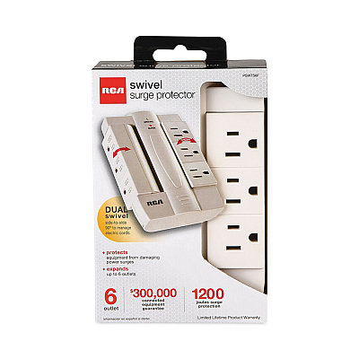 RCA 6 Outlet Swivel Surge Protector, 6 AC Outlets, 1,200 J, White (VOXPSWTS6FV)