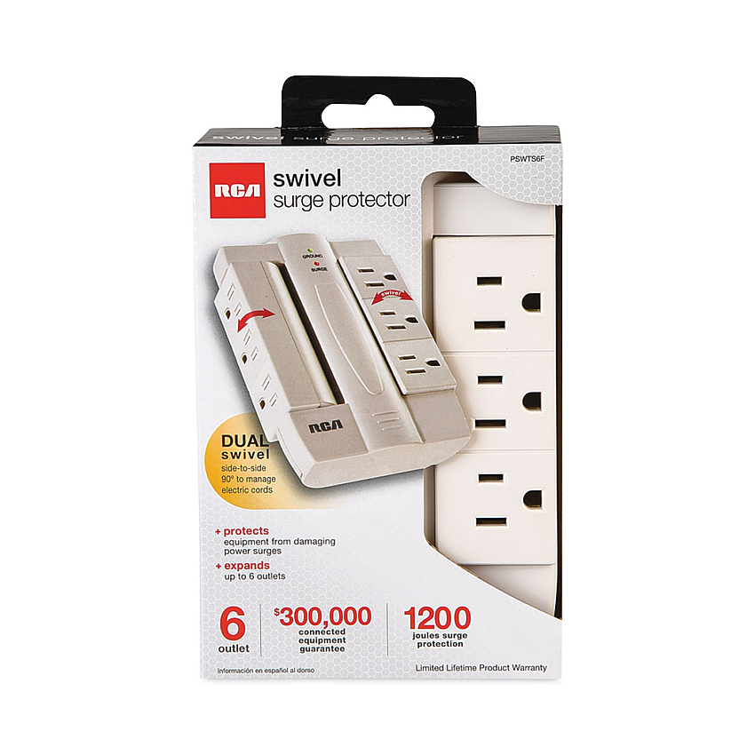 RCA 6 Outlet Swivel Surge Protector, 6 AC Outlets, 1,200 J, White (VOXPSWTS6FV)