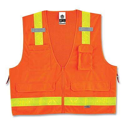 ergodyne GloWear 8250ZHG Class 2 Hi-Gloss Surveyors Zipper Vest, Polyester, 4X-Large/5X-Large, Orange (EGO21439)
