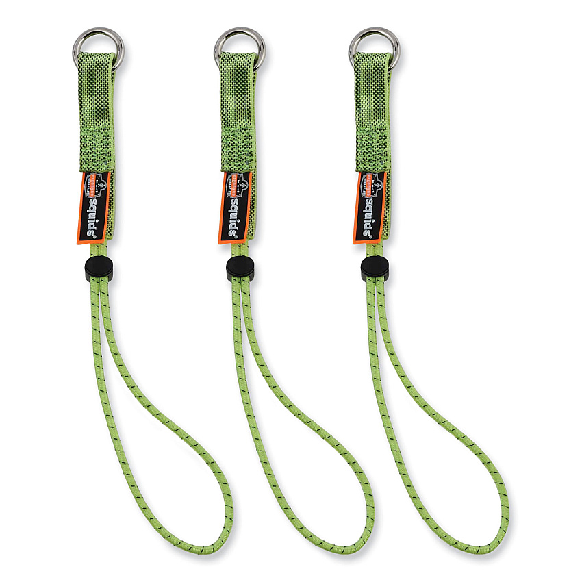 ergodyne Squids 3703 Elastic Loop Tool Tails with D-Rings, 15 lb Max Working Capacity, 15" Long, Lime, 3/Pack, 20 Packs/Carton (EGO19767BULK)