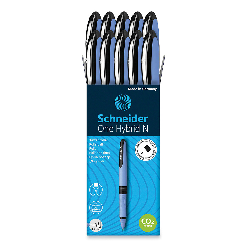 Schneider One Hybrid N Roller Ball Pen, Stick, Fine 0.5 mm, Black Ink, Blue Barrel, 10/Box (RED183501)