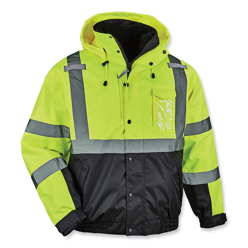 ergodyne GloWear 8381 Class 3 Hi-Vis 4-in-1 Quilted Bomber Jacket, Lime, Large (EGO25594)
