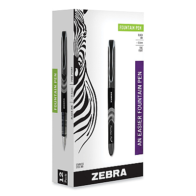 Zebra Fountain Pen, Fine 0.6 mm, Black Ink, Black/Gray Barrel, 12/Pack (ZEB48310)