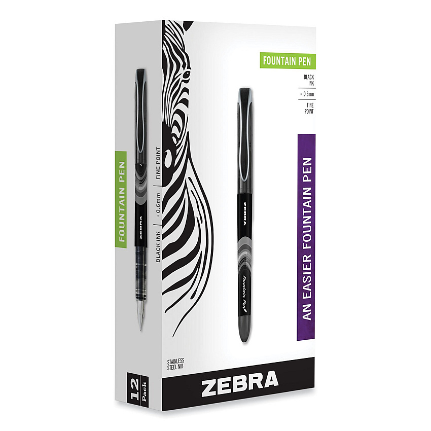 Zebra Fountain Pen, Fine 0.6 mm, Black Ink, Black/Gray Barrel, 12/Pack (ZEB48310)