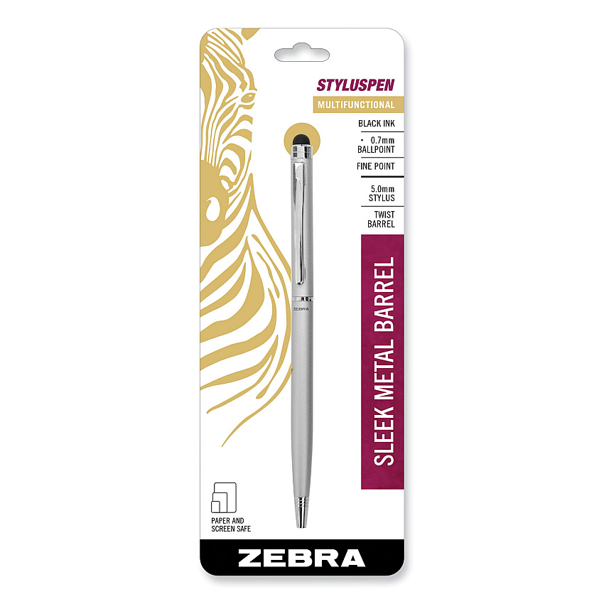 Zebra StylusPen Twist Ballpoint Pen/Stylus, Silver (ZEB33161)