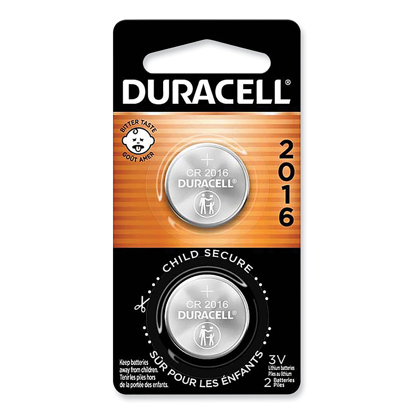 Duracell Lithium Coin Batteries With Bitterant, 2016, 2/Pack (DURDL2016B2PK)