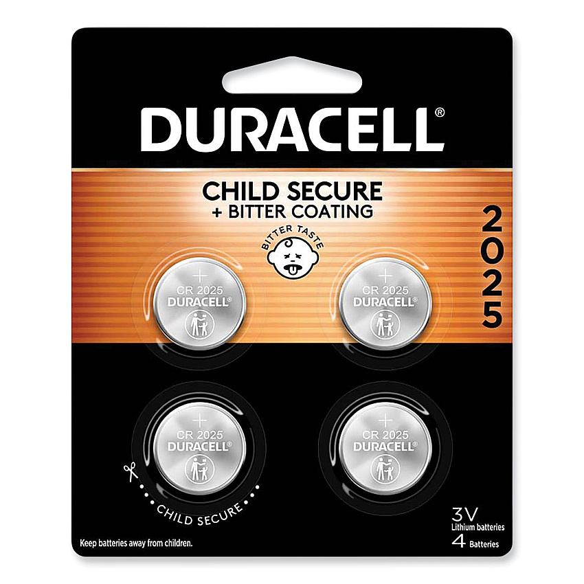 Duracell Lithium Coin Batteries With Bitterant, 2025, 4/Pack (DURDL2025B4PK)