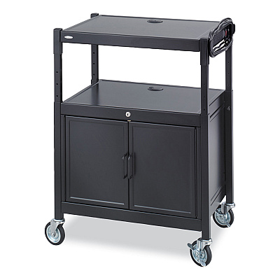 Safco Steel Adjustable AV Cart with Cabinet, Metal, 3 Shelf, 6 AC Outlets, 40 lb Capacity, 26.75 x 20.5 x 42, Black (SAF8943BL)