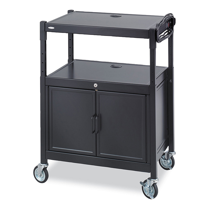 Safco Steel Adjustable AV Cart with Cabinet, Metal, 3 Shelf, 6 AC Outlets, 40 lb Capacity, 26.75 x 20.5 x 42, Black (SAF8943BL)