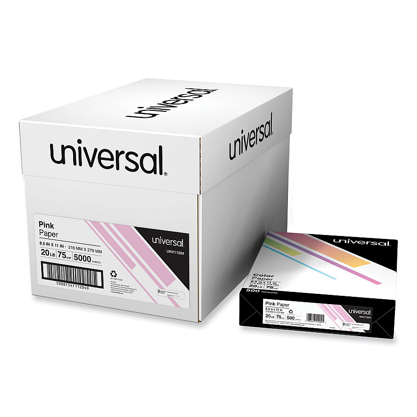 Universal Deluxe Colored Paper, 20 lb Bond Weight, 8.5 x 11, Pink, 500 Sheets/Ream, 10 Reams/Carton (UNV11204CT)