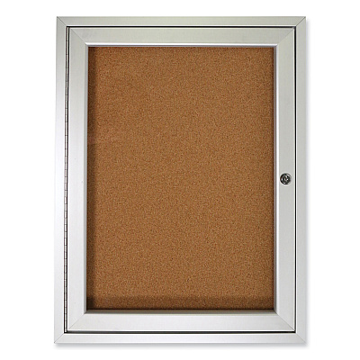 Ghent 1 Door Enclosed Natural Cork Bulletin Board with Satin Aluminum Frame, 18 x 24, Tan Surface (GHEPA12418K)