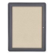 Ghent Ovation 1 Door Enclosed Beige Fabric Bulletin Board with Gray Frame, 24.13 x 33.75, Aluminum Frame (GHEOVG1F90)