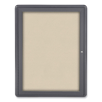 Ghent Ovation 1 Door Enclosed Beige Fabric Bulletin Board with Gray Frame, 24.13 x 33.75, Aluminum Frame (GHEOVG1F90)