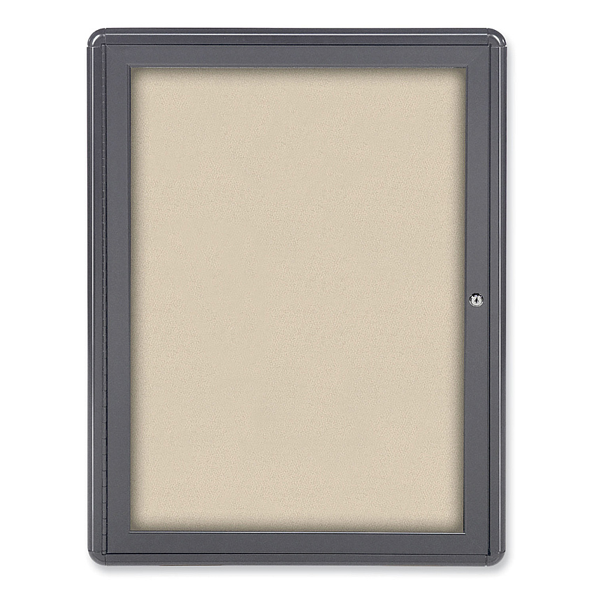 Ghent Ovation 1 Door Enclosed Beige Fabric Bulletin Board with Gray Frame, 24.13 x 33.75, Aluminum Frame (GHEOVG1F90)