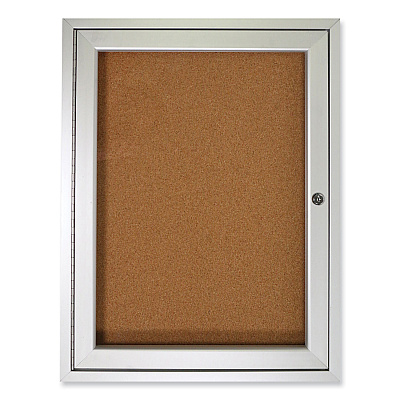 Ghent 1 Door Enclosed Natural Cork Bulletin Board with Satin Aluminum Frame, 24 x 36, Tan Surface (GHEPA13624K)