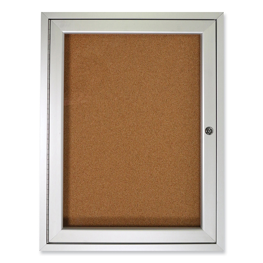Ghent 1 Door Enclosed Natural Cork Bulletin Board with Satin Aluminum Frame, 24 x 36, Tan Surface (GHEPA13624K)