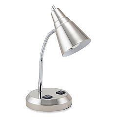 V-Light LED Gooseneck Desk Lamp with Charging Outlets, Gooseneck,15" High, Brushed Steel (VLUVS20105BN)