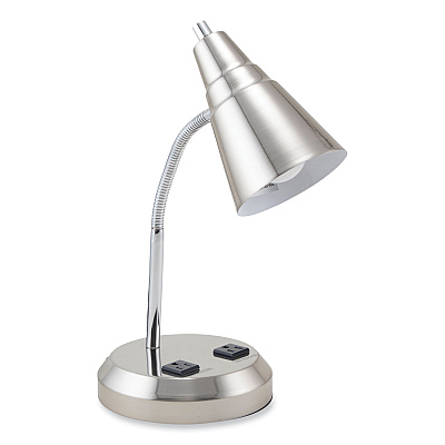 V-Light LED Gooseneck Desk Lamp with Charging Outlets, Gooseneck,15" High, Brushed Steel (VLUVS20105BN)