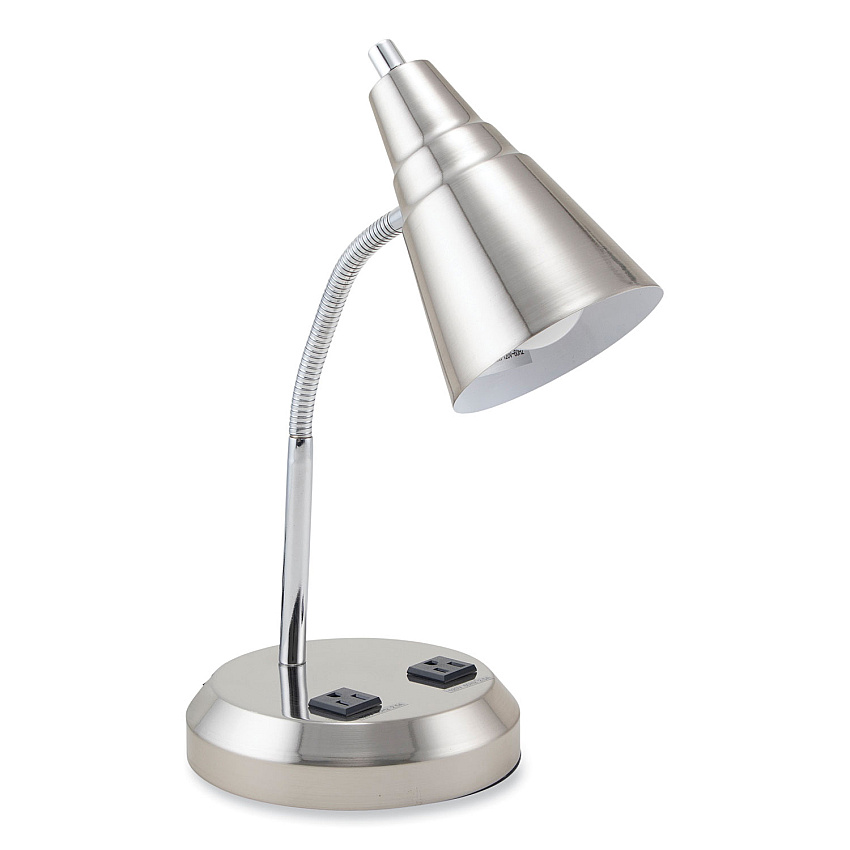 V-Light LED Gooseneck Desk Lamp with Charging Outlets, Gooseneck,15" High, Brushed Steel (VLUVS20105BN)