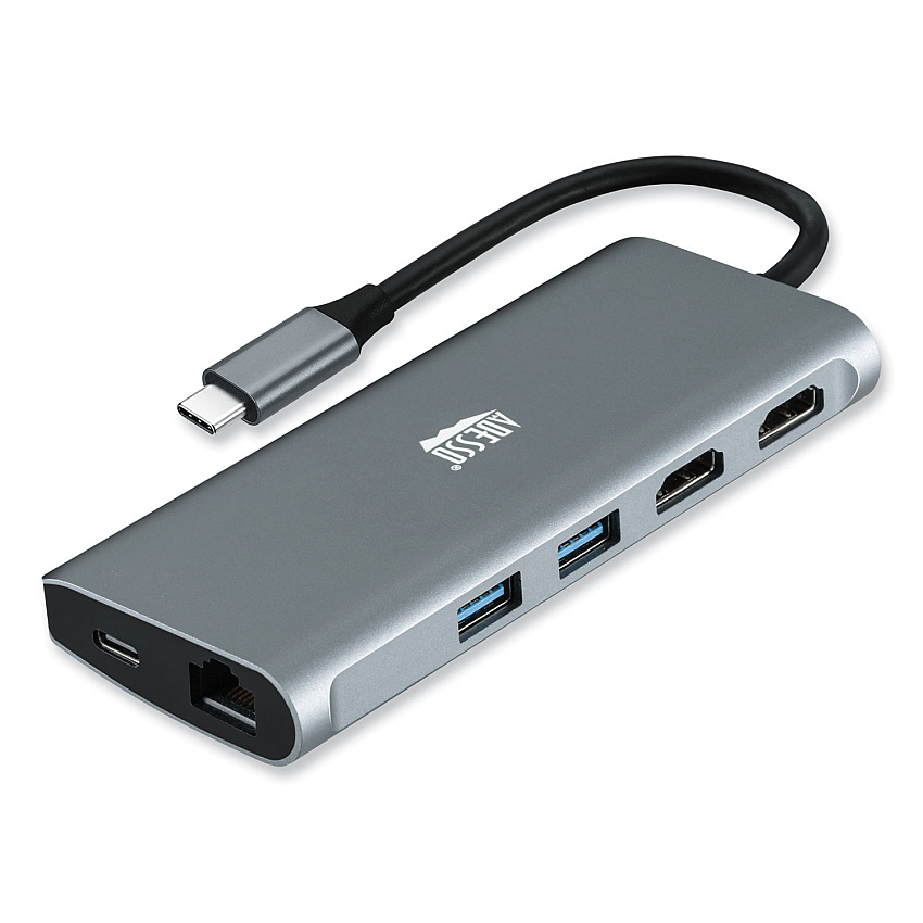 Adesso 9-in-1 USB Type-C Docking Station, 2 HDMI/3 USB C/SD and TF Slot/RJ45, Gray/Black (AUH4040)