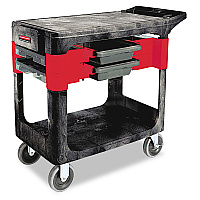 Rubbermaid Commercial Two-Shelf Trades Cart, Plastic, 2 Shelves, 2 Drawers, 330 lb Capacity, 19.25" x 38" x 33.38", Black (RCP618000BLA)