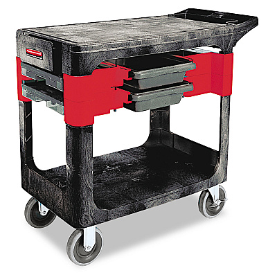 Rubbermaid Commercial Two-Shelf Trades Cart, Plastic, 2 Shelves, 2 Drawers, 330 lb Capacity, 19.25" x 38" x 33.38", Black (RCP618000BLA)