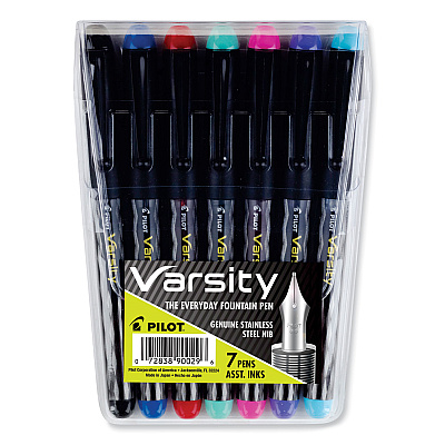 Pilot Varsity Fountain Pen, Medium 1 mm, Assorted Ink and Barrel Colors, 7/Pack (PIL90029)