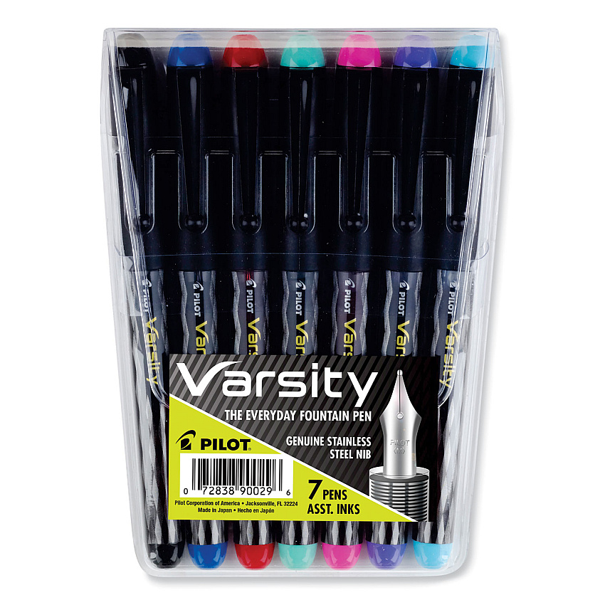 Pilot Varsity Fountain Pen, Medium 1 mm, Assorted Ink and Barrel Colors, 7/Pack (PIL90029)