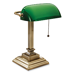 V-Light LED Banker's Lamp with Green Shade, USB Charging Port, Candlestick Neck, 15" High, Antique Brass (VLUSVCA150402GR)