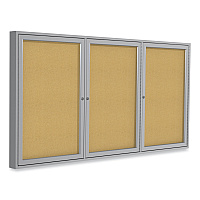 Ghent 3 Door Enclosed Natural Cork Bulletin Board with Satin Aluminum Frame, 72 x 48, Tan Surface (GHEPA34872K)