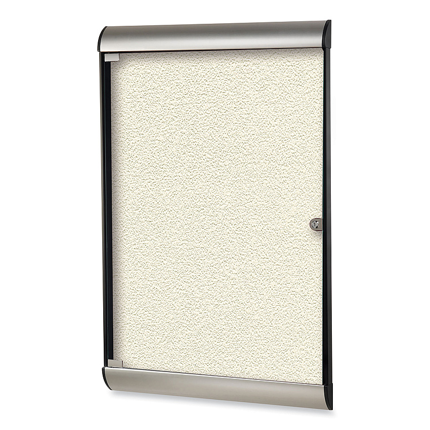 Ghent Silhouette 1 Door Enclosed Ivory Vinyl Bulletin Board with Satin/Black Aluminum Frame, 27.75 x 42.13 (GHESILH20412)