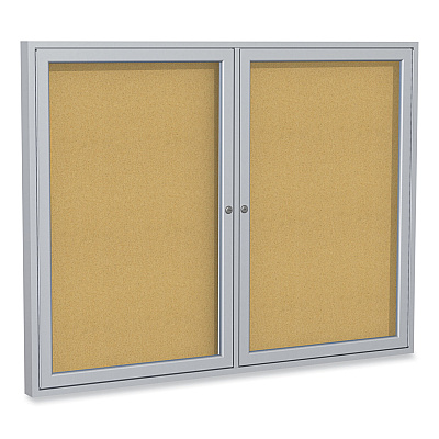 Ghent 2 Door Enclosed Natural Cork Bulletin Board with Satin Aluminum Frame, 60 x 48, Tan Surface (GHEPA24860K)