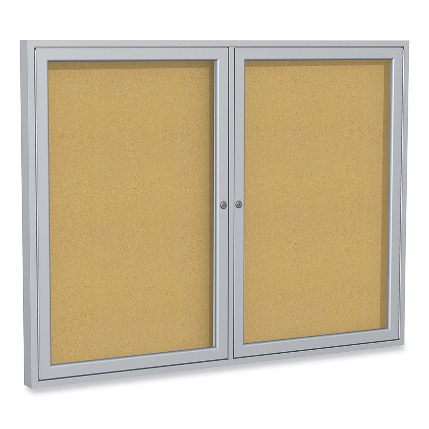 Ghent 2 Door Enclosed Natural Cork Bulletin Board with Satin Aluminum Frame, 60 x 48, Tan Surface (GHEPA24860K)