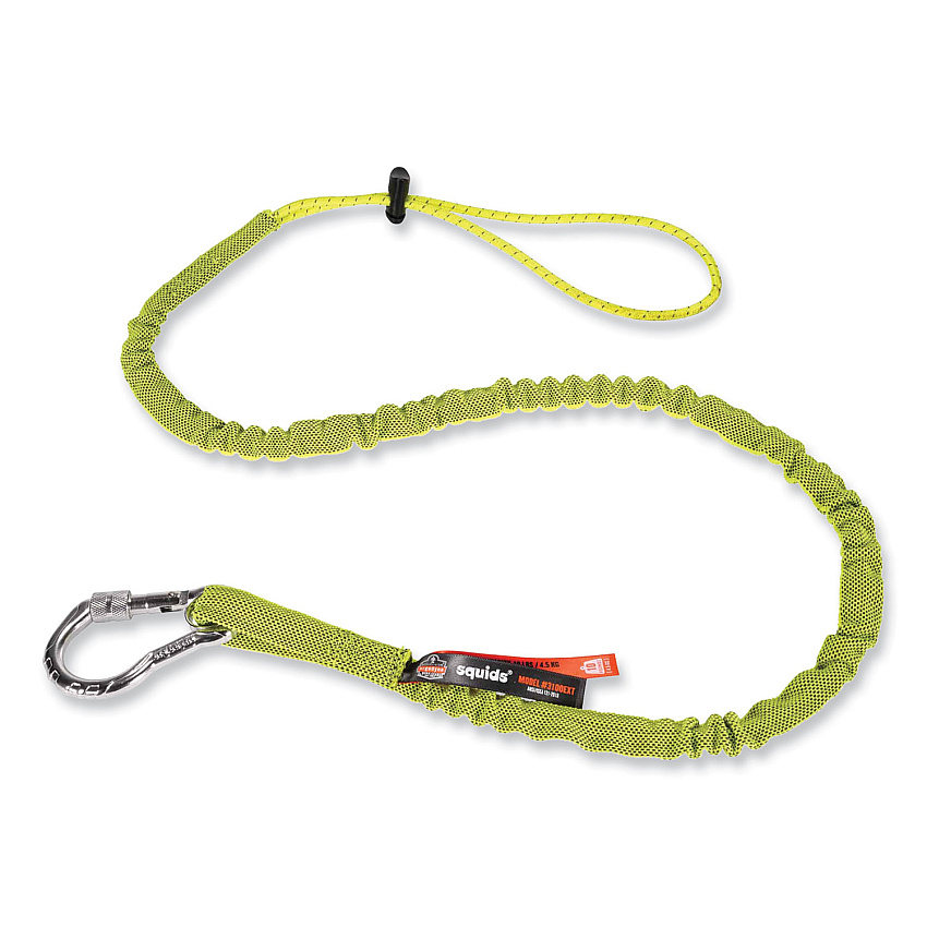 ergodyne Squids 3100 Lanyard with Aluminum Carabiner + Cinch-Loop, 10 lb Max Working Capacity, 42" to 54" Long, Lime (EGO19013)