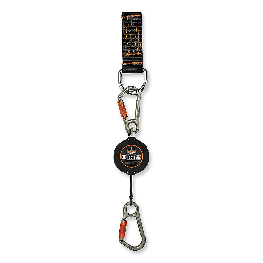 ergodyne Squids 3011 Retractable Lanyard with Tool + Swivel Anchor Carabiners, 8 lb Max Working Capacity, 48" Long, Black (EGO19311)