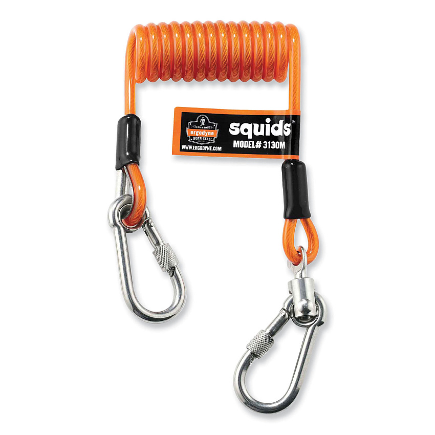 ergodyne Squids 3130M Coiled Cable Lanyard with Carabiners, 5 lb Max Working Capacity, 6.5" to 48" Long, Orange (EGO19131)