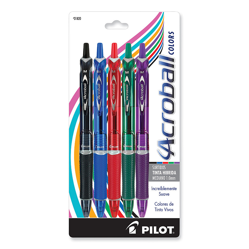 Pilot Acroball Colors Advanced Ink Hybrid Gel Pen, Retractable, Medium 1 mm, Assorted Ink and Barrel Colors, 5/Pack (PIL31820)