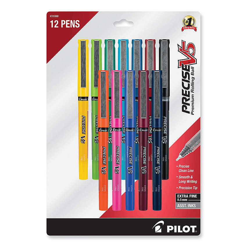 Pilot Precise V5 Roller Ball Pen, Stick, Fine 0.5 mm, Assorted Ink and Barrel Colors, Dozen (PIL31888)